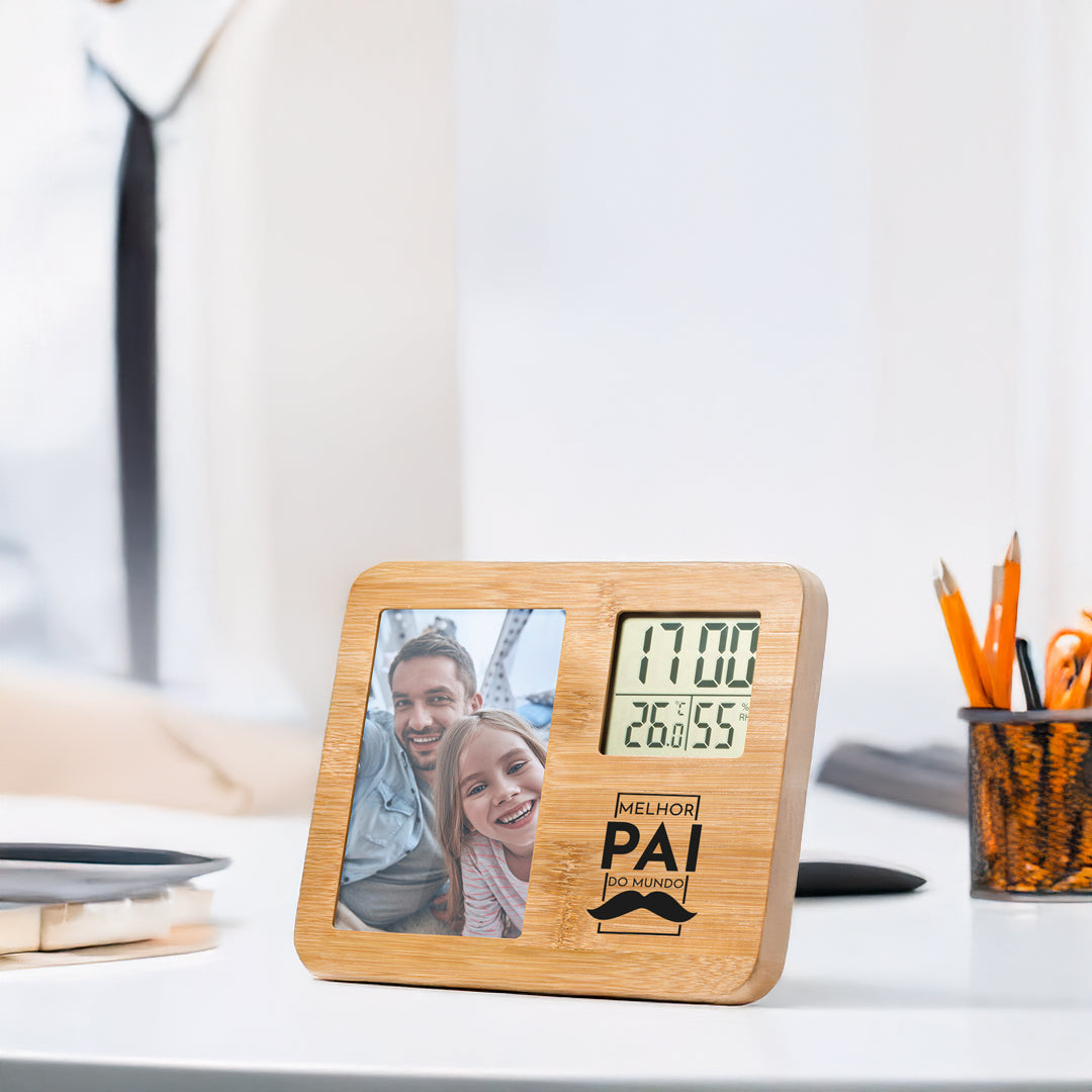 Porta Retratos com Estação Meteorológica "Melhor Pai do Mundo"