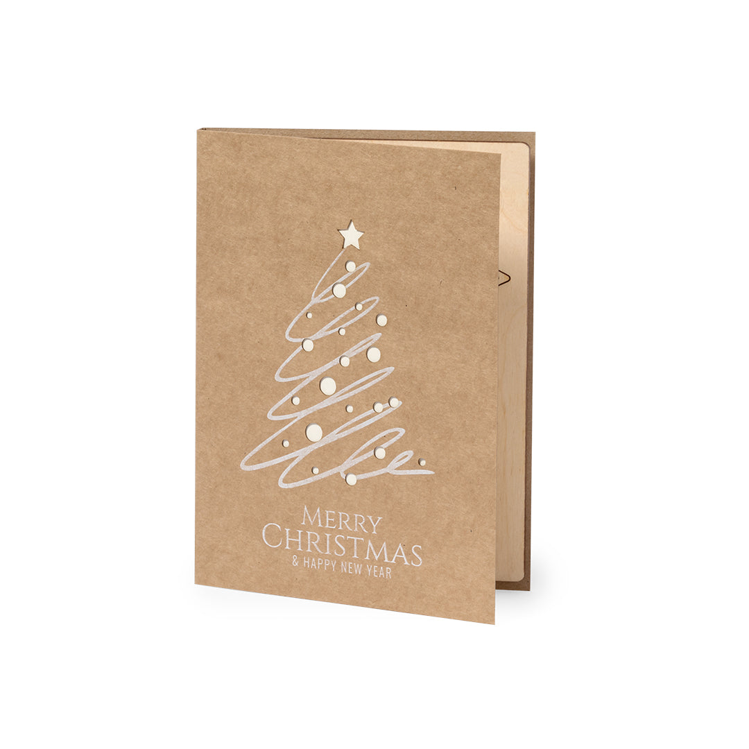 Postal de Natal com Pinheiro de madeira e sementes