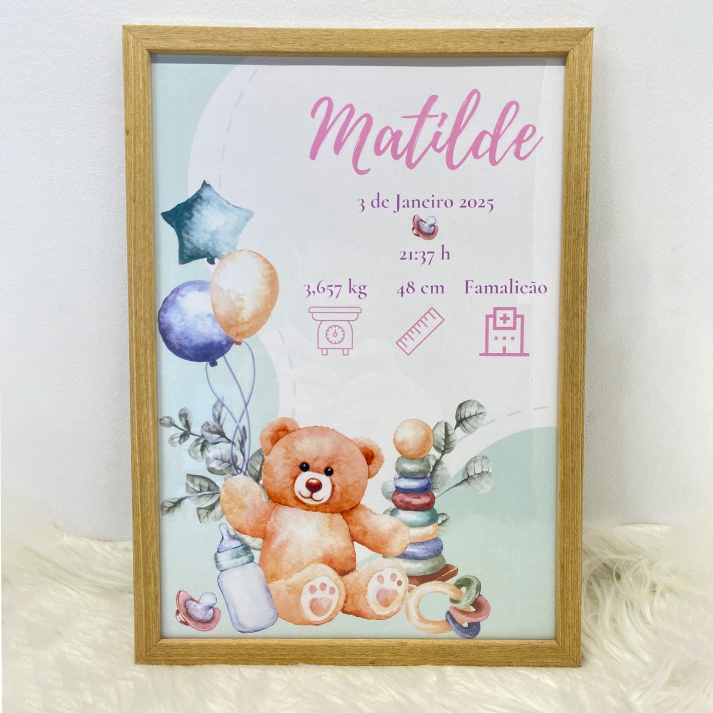 Quadro Nascimento A4 borda madeira