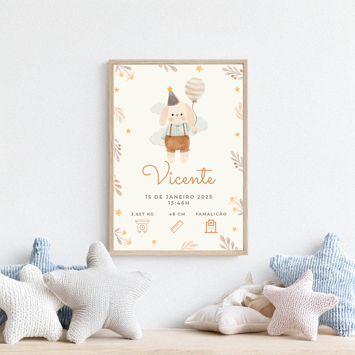 Quadro Nascimento Coelhinho A4 borda madeira