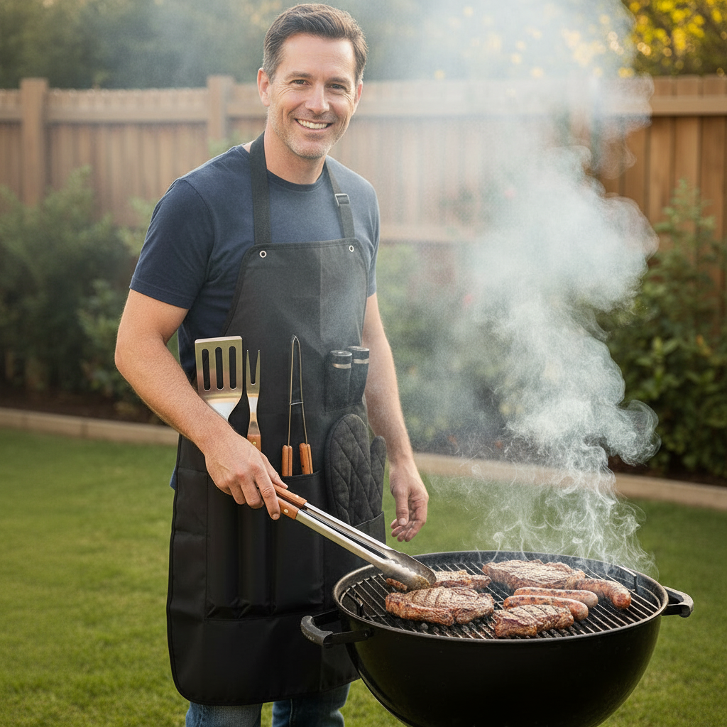 Homem com avental curto de churrasco