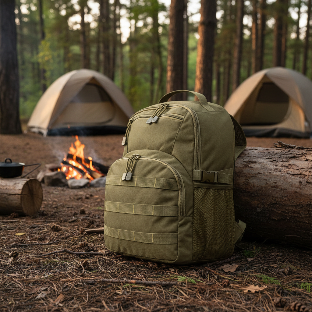 Mochila em espaço de acampamento